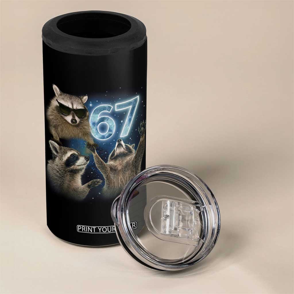 Funny 67 Raccoon Meme 4 in 1 Can Cooler Tumbler Howling at The Moon Funny Six Seven Weird Cursed TS10 Print Your Wear