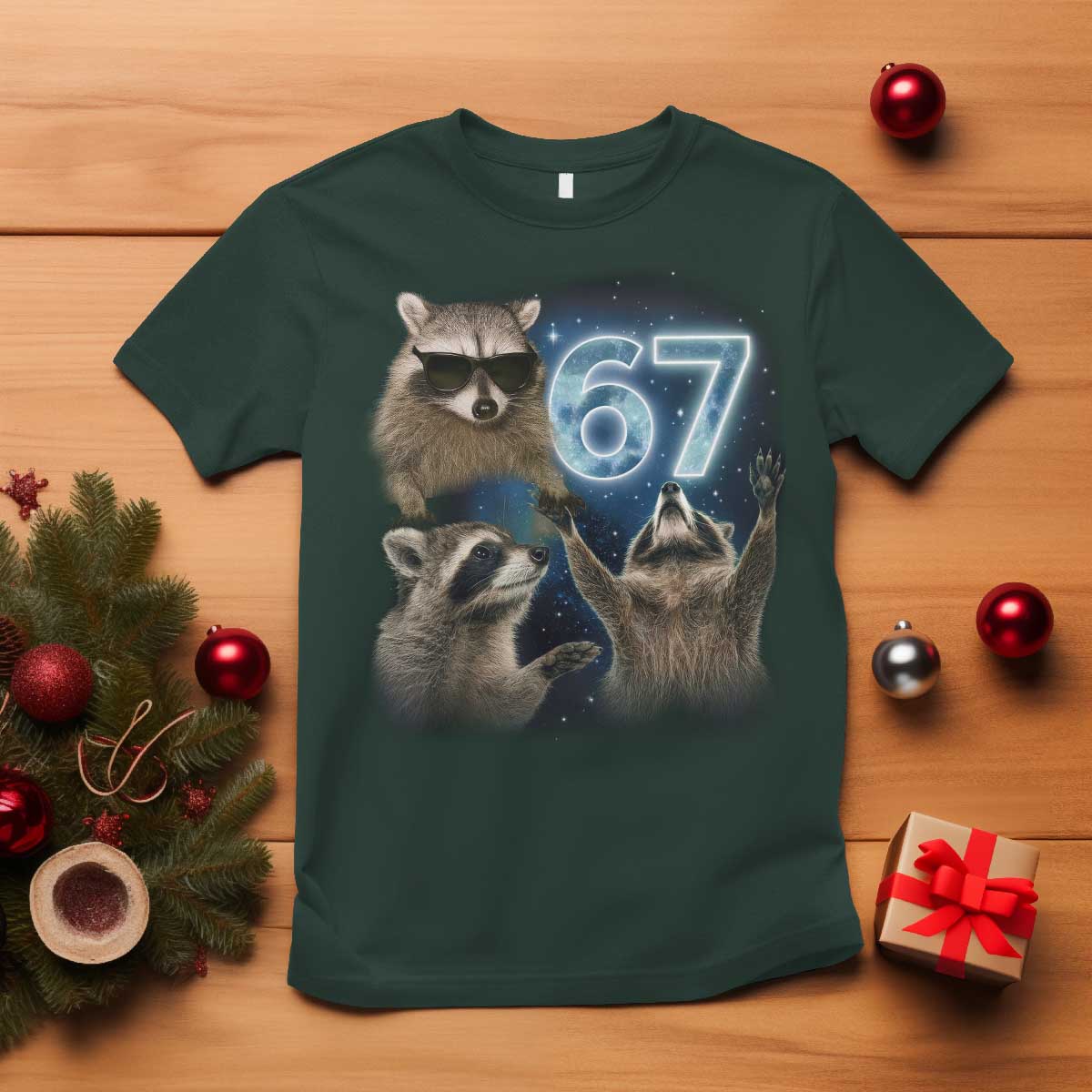 Funny 67 Raccoon Meme T Shirt Howling at The Moon Funny Six Seven Weird Cursed TS10 Dark Forest Green Print Your Wear