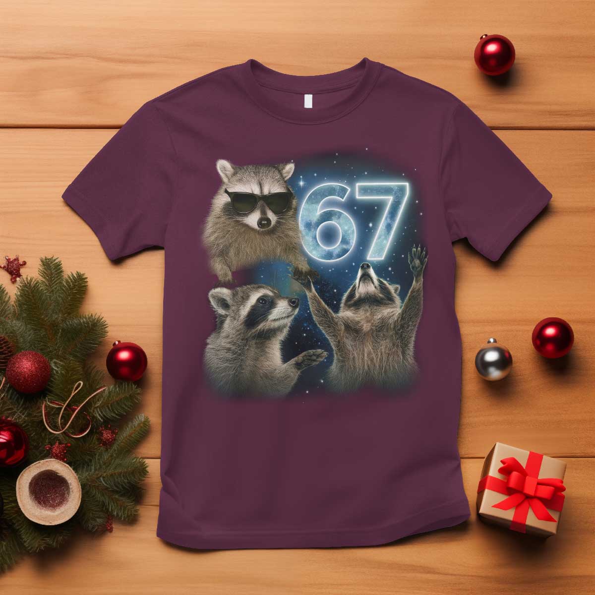 Funny 67 Raccoon Meme T Shirt Howling at The Moon Funny Six Seven Weird Cursed TS10 Maroon Print Your Wear
