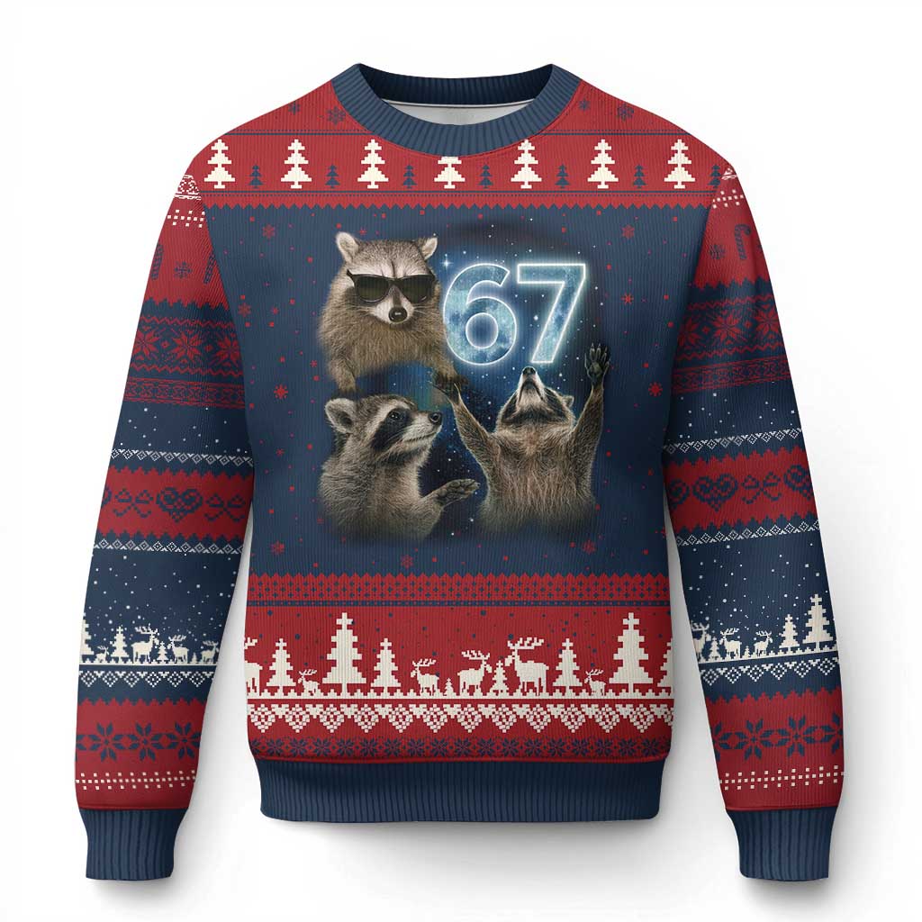 Funny 67 Raccoon Meme Ugly Christmas Sweater Howling at The Moon Funny Six Seven Weird Cursed TS10 Navy Red Print Your Wear