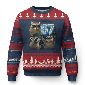 Funny 67 Raccoon Meme Ugly Christmas Sweater Howling at The Moon Funny Six Seven Weird Cursed TS10 Navy Red Print Your Wear