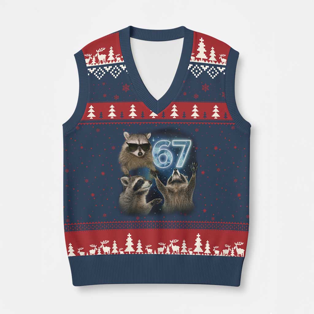 Funny 67 Raccoon Meme V-Neck Knit Sweater Vest Howling at The Moon Funny Six Seven Weird Cursed TS10 Navy Red Print Your Wear