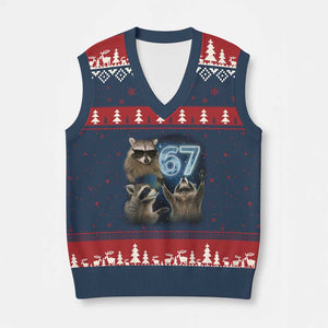 Funny 67 Raccoon Meme V-Neck Knit Sweater Vest Howling at The Moon Funny Six Seven Weird Cursed TS10 Navy Red Print Your Wear