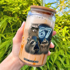 Funny 67 Raccoon Meme Glass Can Howling at The Moon Funny Six Seven Weird Cursed TS10 Black Print Your Wear