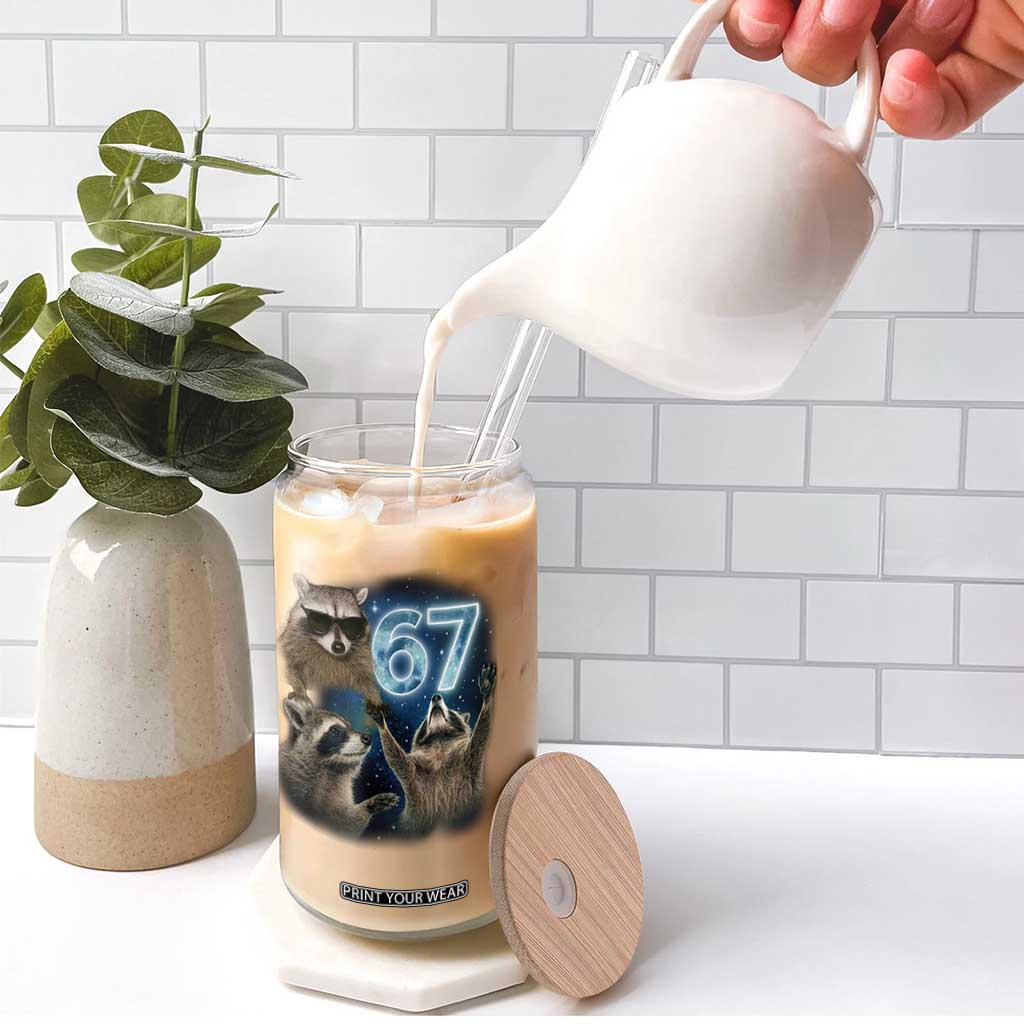 Funny 67 Raccoon Meme Glass Can Howling at The Moon Funny Six Seven Weird Cursed TS10 Print Your Wear