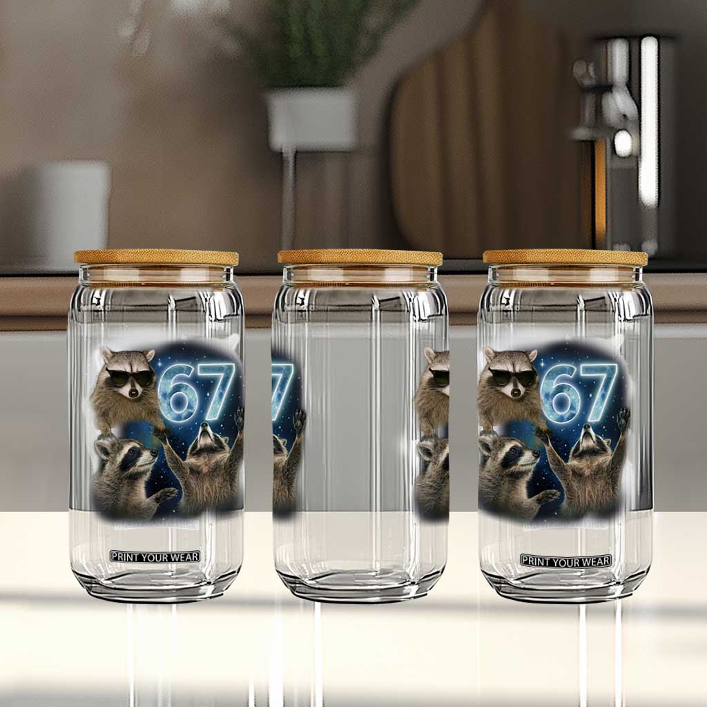 Funny 67 Raccoon Meme Glass Can Howling at The Moon Funny Six Seven Weird Cursed TS10 Print Your Wear