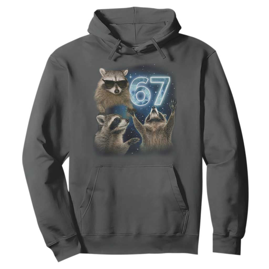 Funny 67 Raccoon Meme Hoodie Howling at The Moon Funny Six Seven Weird Cursed TS10 Dark Heather Print Your Wear
