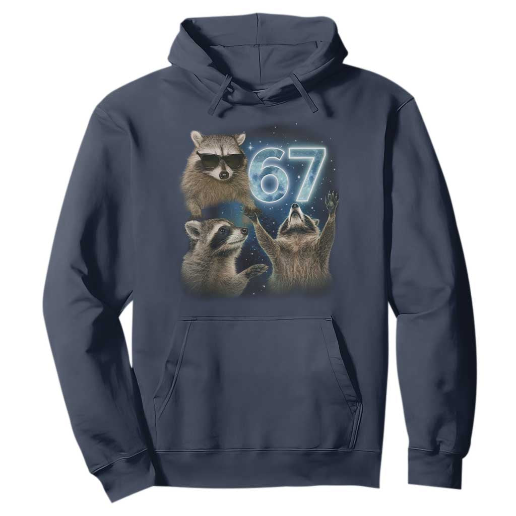 Funny 67 Raccoon Meme Hoodie Howling at The Moon Funny Six Seven Weird Cursed TS10 Navy Print Your Wear