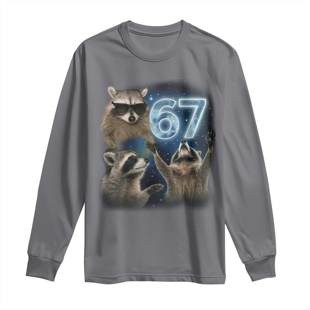 Funny 67 Raccoon Meme Long Sleeve Shirt Howling at The Moon Funny Six Seven Weird Cursed TS10 Charcoal Print Your Wear