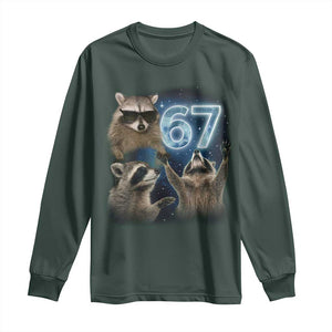 Funny 67 Raccoon Meme Long Sleeve Shirt Howling at The Moon Funny Six Seven Weird Cursed TS10 Dark Forest Green Print Your Wear