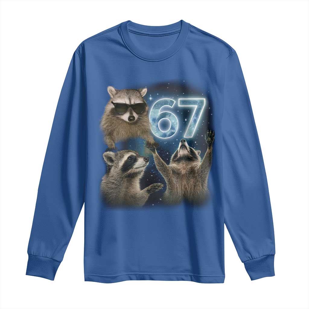 Funny 67 Raccoon Meme Long Sleeve Shirt Howling at The Moon Funny Six Seven Weird Cursed TS10 Royal Blue Print Your Wear