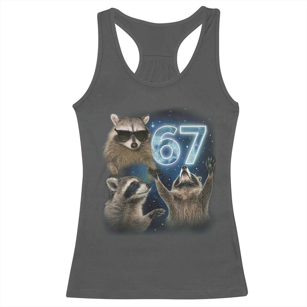 Funny 67 Raccoon Meme Racerback Tank Top Howling at The Moon Funny Six Seven Weird Cursed TS10 Dark Heather Print Your Wear