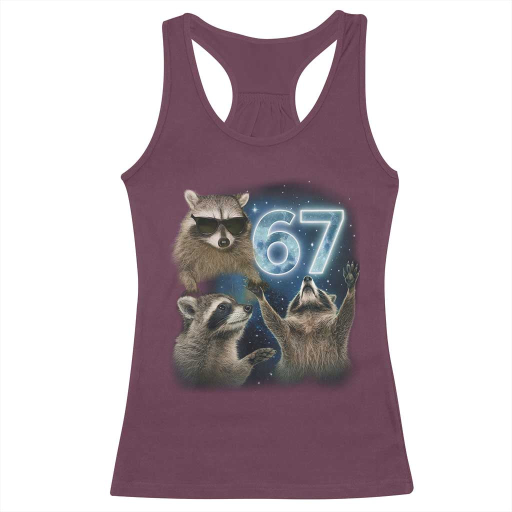 Funny 67 Raccoon Meme Racerback Tank Top Howling at The Moon Funny Six Seven Weird Cursed TS10 Maroon Print Your Wear