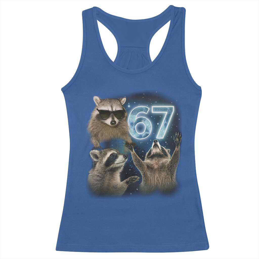 Funny 67 Raccoon Meme Racerback Tank Top Howling at The Moon Funny Six Seven Weird Cursed TS10 Royal Blue Print Your Wear