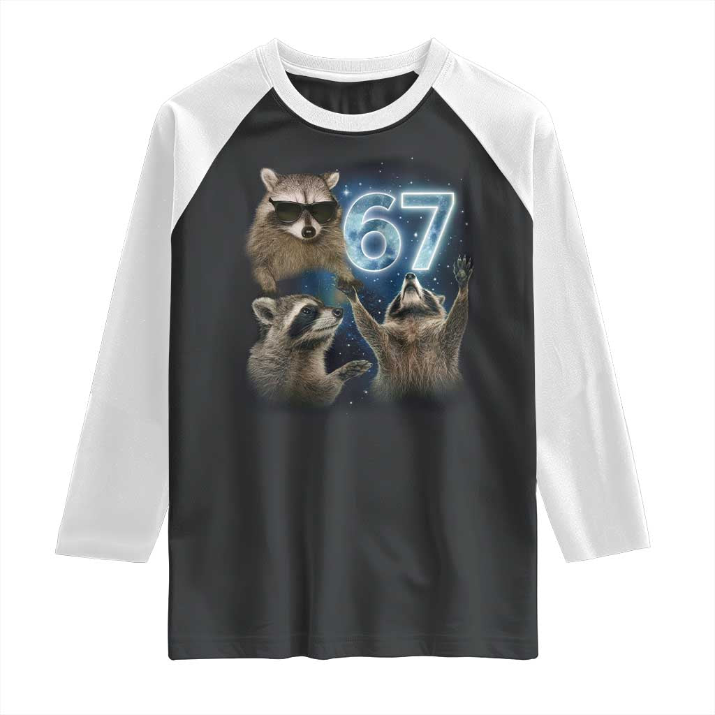 Funny 67 Raccoon Meme Raglan Shirt Howling at The Moon Funny Six Seven Weird Cursed TS10 Black White Print Your Wear