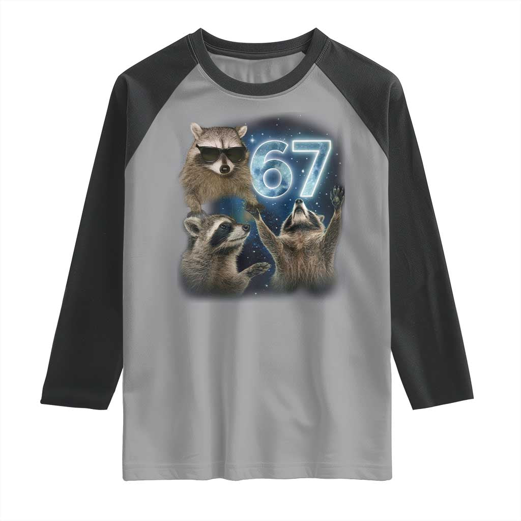 Funny 67 Raccoon Meme Raglan Shirt Howling at The Moon Funny Six Seven Weird Cursed TS10 Sport Gray Black Print Your Wear
