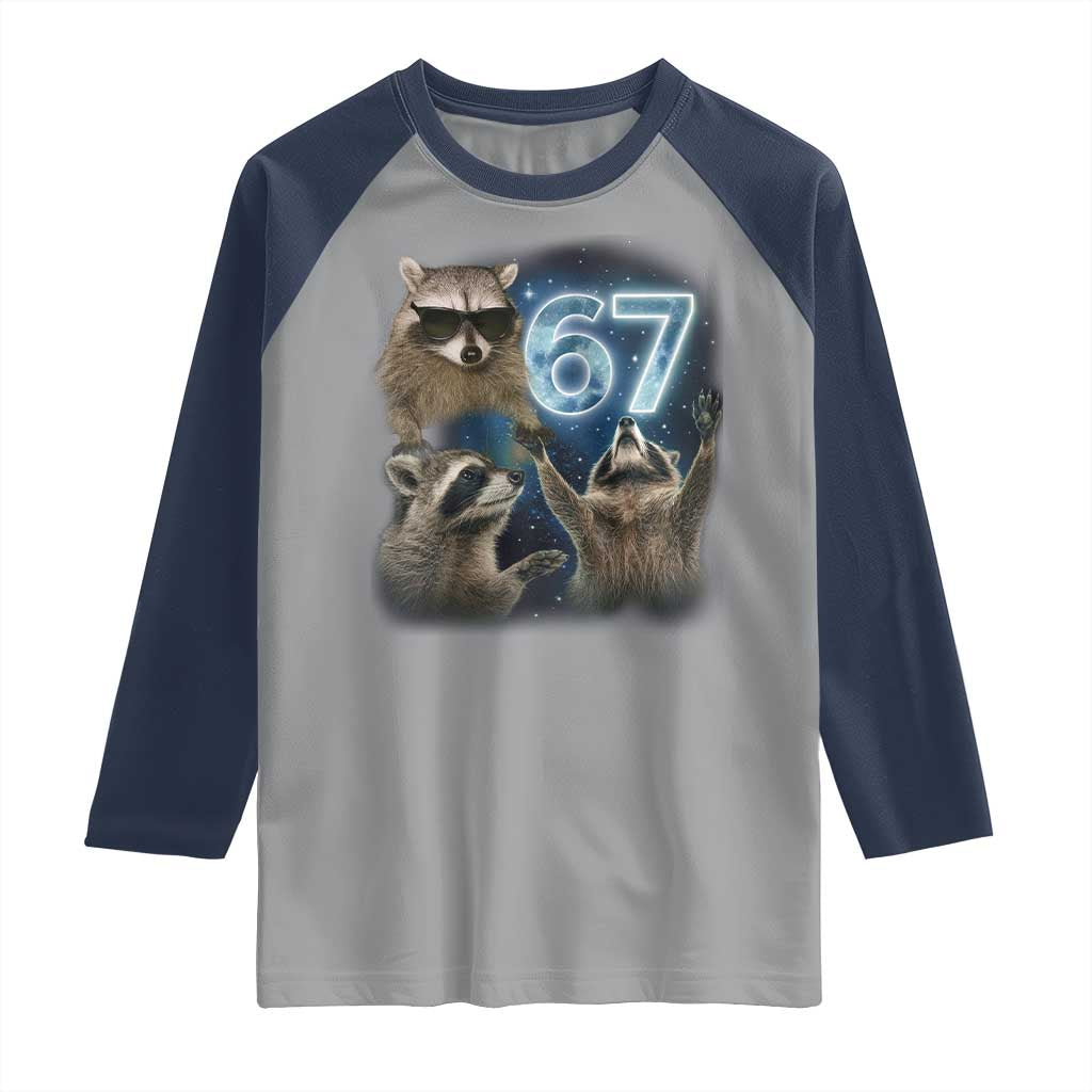 Funny 67 Raccoon Meme Raglan Shirt Howling at The Moon Funny Six Seven Weird Cursed TS10 Sport Gray Navy Print Your Wear