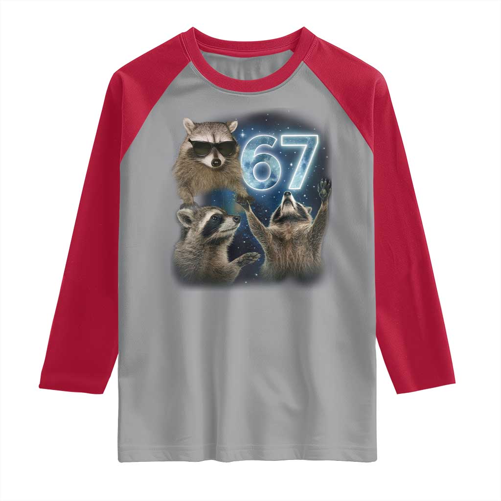 Funny 67 Raccoon Meme Raglan Shirt Howling at The Moon Funny Six Seven Weird Cursed TS10 Sport Gray Red Print Your Wear