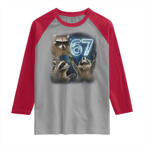 Funny 67 Raccoon Meme Raglan Shirt Howling at The Moon Funny Six Seven Weird Cursed TS10 Sport Gray Red Print Your Wear