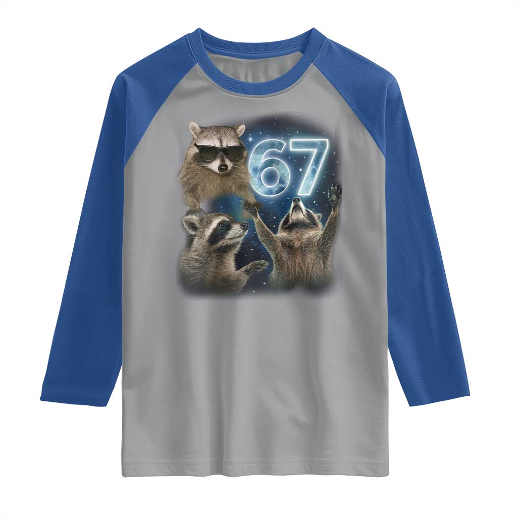 Funny 67 Raccoon Meme Raglan Shirt Howling at The Moon Funny Six Seven Weird Cursed TS10 Sport Gray Royal Print Your Wear
