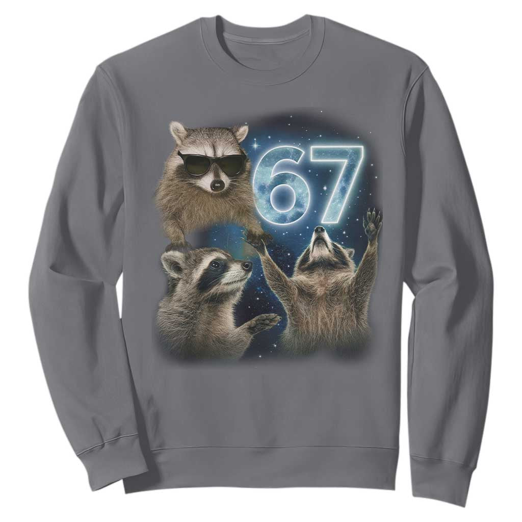 Funny 67 Raccoon Meme Sweatshirt Howling at The Moon Funny Six Seven Weird Cursed TS10 Charcoal Print Your Wear