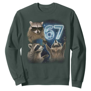 Funny 67 Raccoon Meme Sweatshirt Howling at The Moon Funny Six Seven Weird Cursed TS10 Dark Forest Green Print Your Wear
