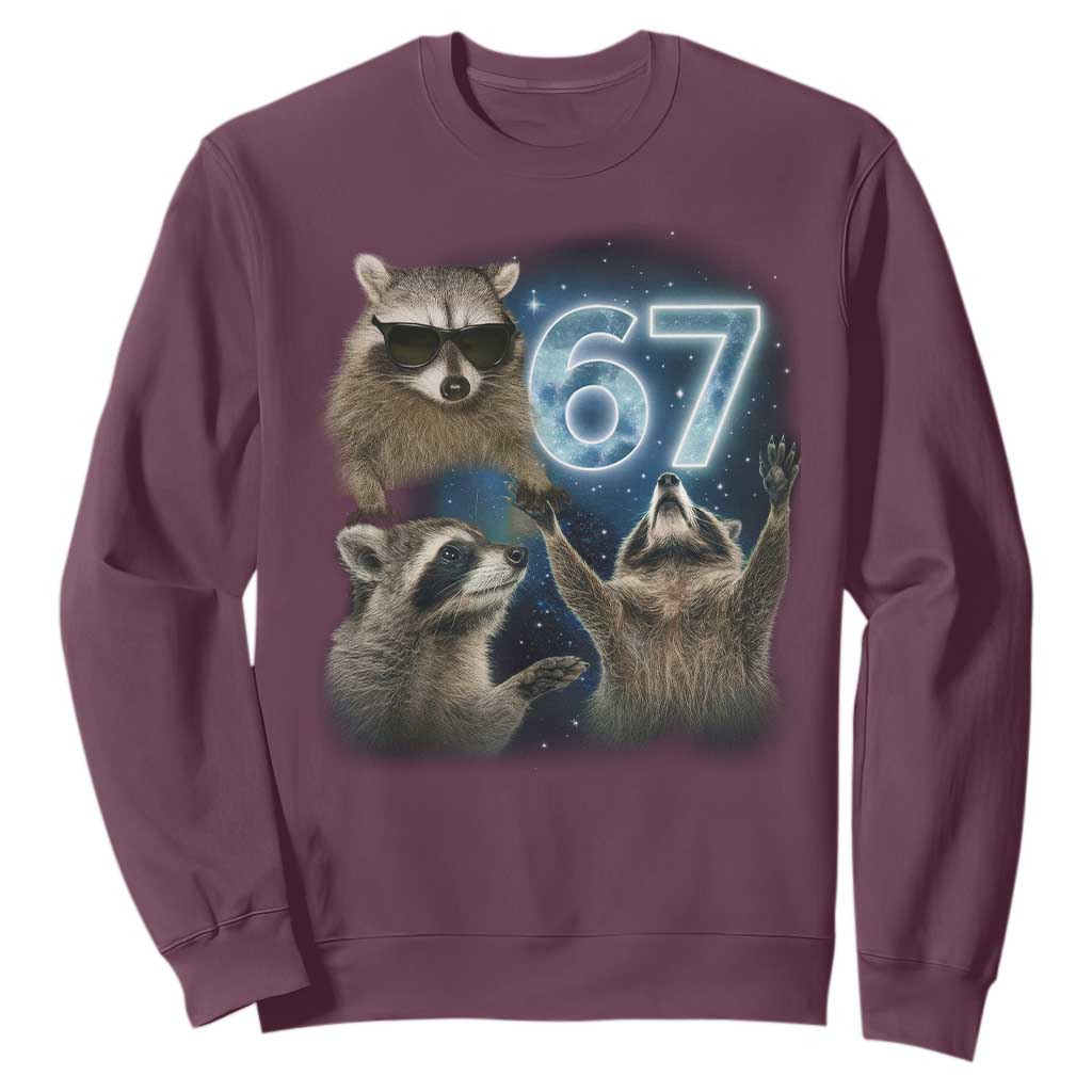 Funny 67 Raccoon Meme Sweatshirt Howling at The Moon Funny Six Seven Weird Cursed TS10 Maroon Print Your Wear
