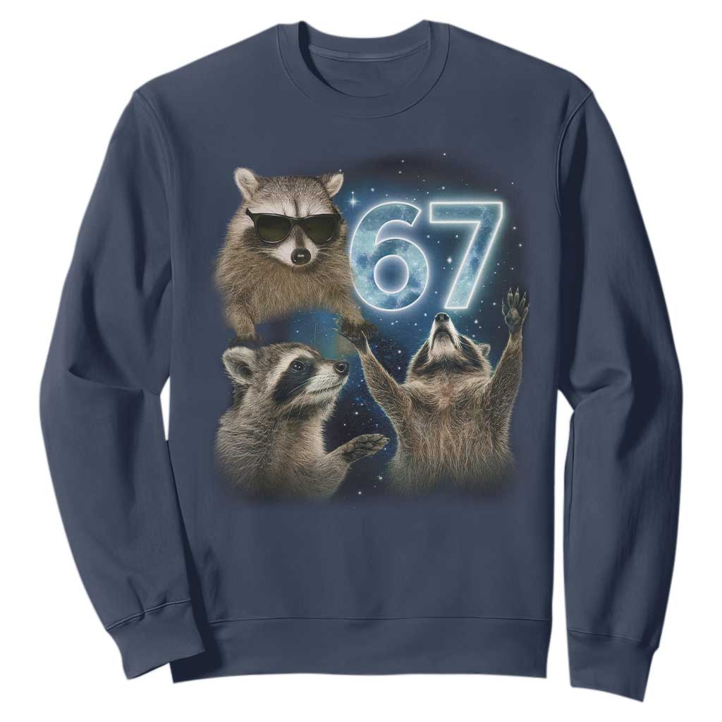 Funny 67 Raccoon Meme Sweatshirt Howling at The Moon Funny Six Seven Weird Cursed TS10 Navy Print Your Wear