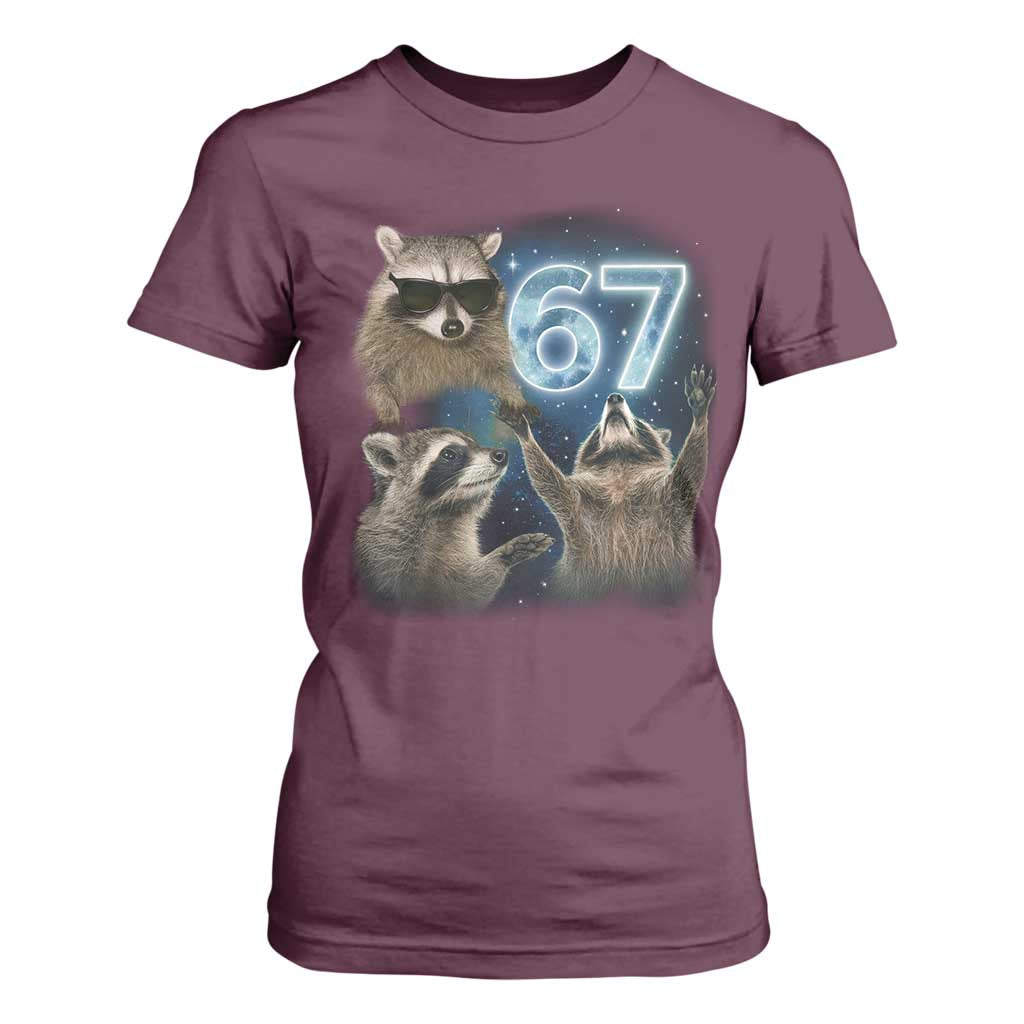 Funny 67 Raccoon Meme T Shirt For Women Howling at The Moon Funny Six Seven Weird Cursed TS10 Maroon Print Your Wear
