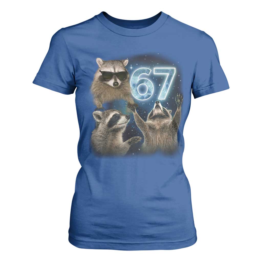 Funny 67 Raccoon Meme T Shirt For Women Howling at The Moon Funny Six Seven Weird Cursed TS10 Royal Blue Print Your Wear