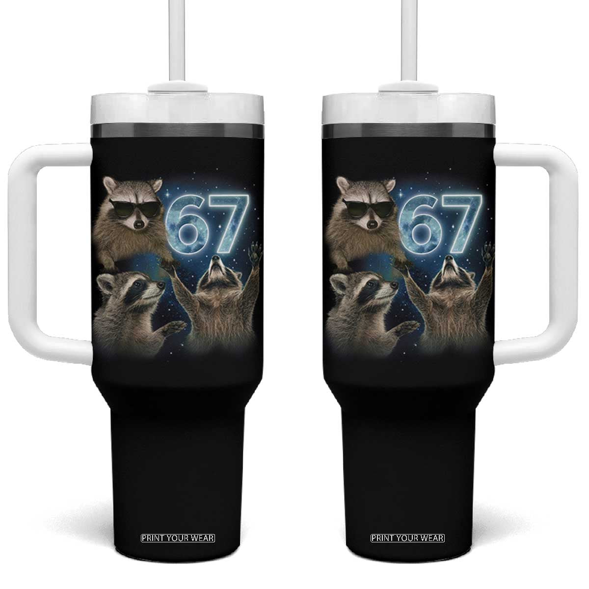 Funny 67 Raccoon Meme Tumbler With Handle Howling at The Moon Funny Six Seven Weird Cursed TS10 One Size: 40 oz Black Print Your Wear