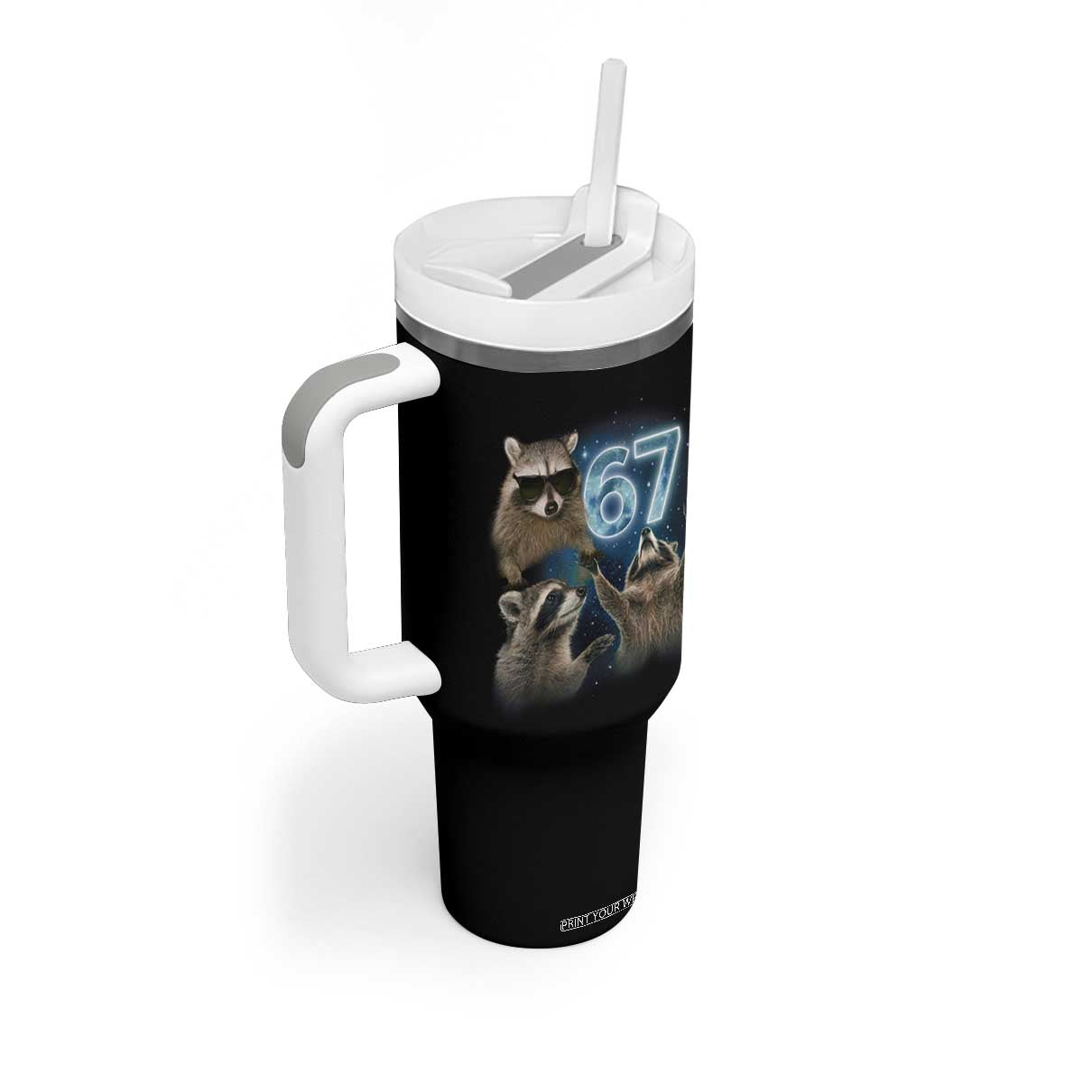 Funny 67 Raccoon Meme Tumbler With Handle Howling at The Moon Funny Six Seven Weird Cursed TS10 Print Your Wear