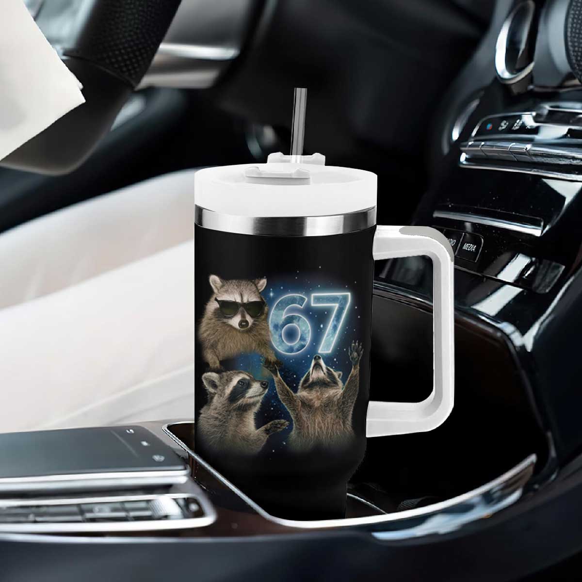 Funny 67 Raccoon Meme Tumbler With Handle Howling at The Moon Funny Six Seven Weird Cursed TS10 Print Your Wear