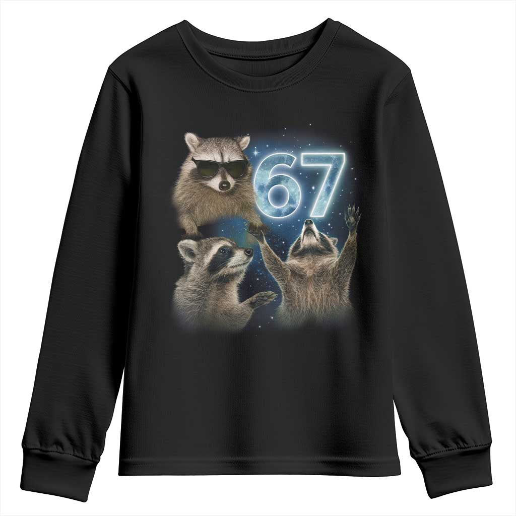 Funny 67 Raccoon Meme Youth Sweatshirt Howling at The Moon Funny Six Seven Weird Cursed TS10 Black Print Your Wear