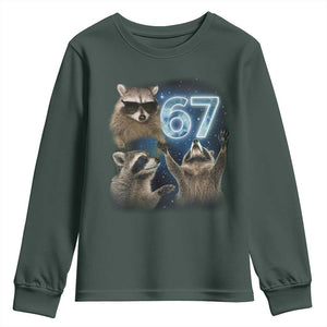 Funny 67 Raccoon Meme Youth Sweatshirt Howling at The Moon Funny Six Seven Weird Cursed TS10 Dark Forest Green Print Your Wear