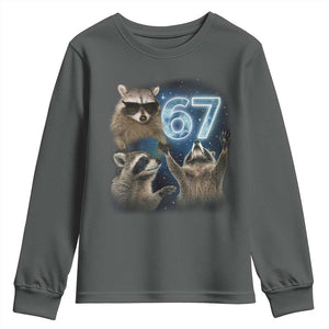Funny 67 Raccoon Meme Youth Sweatshirt Howling at The Moon Funny Six Seven Weird Cursed TS10 Dark Heather Print Your Wear