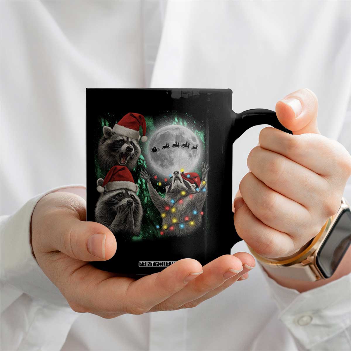 3 Raccoons Howling At Moon Christmas Coffee Mug Funny Weird Cursed Meme TS10 Print Your Wear
