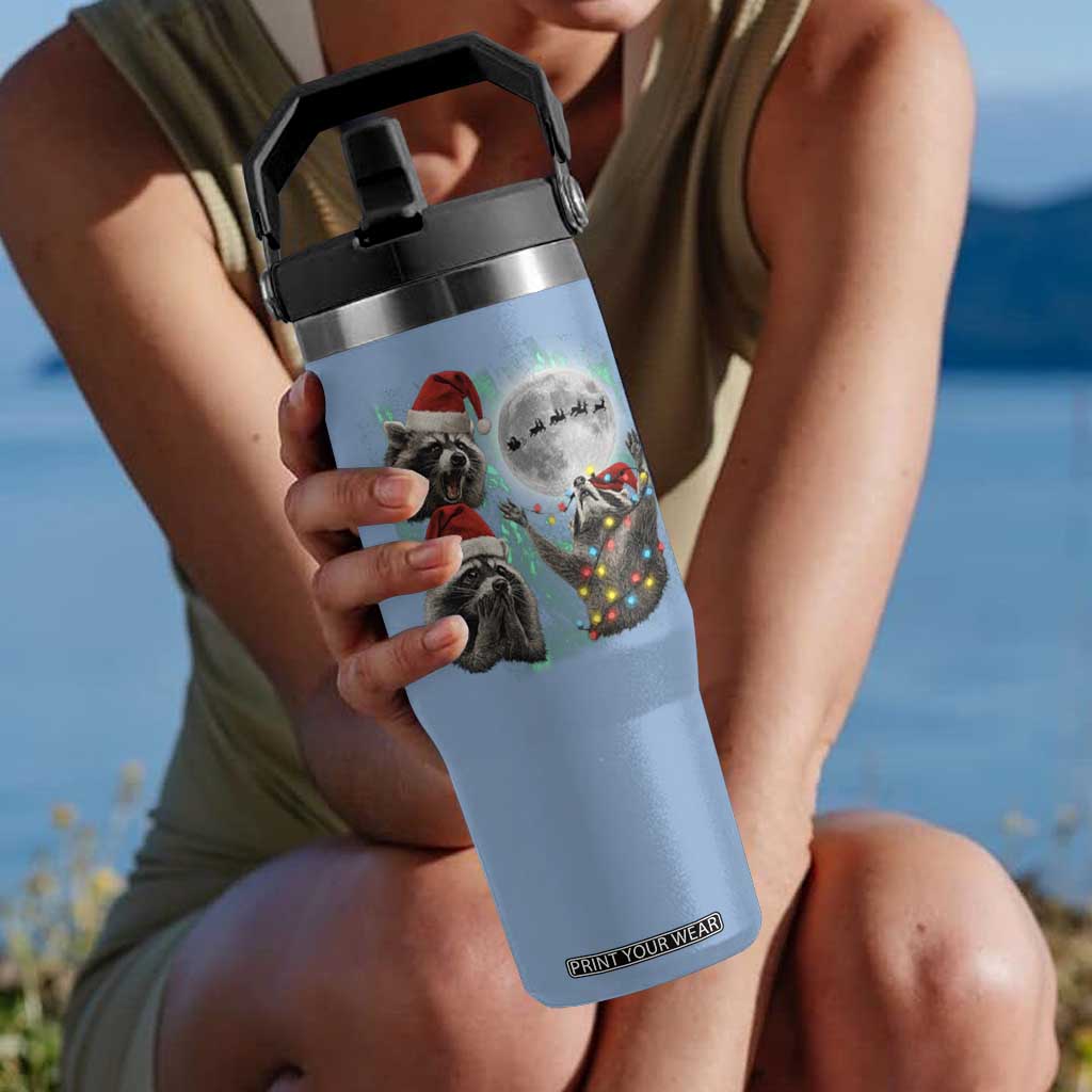 3 Raccoons Howling At Moon Christmas Flip Straw Tumbler Funny Weird Cursed Meme TS10 One Size: 30 oz Light Blue Print Your Wear