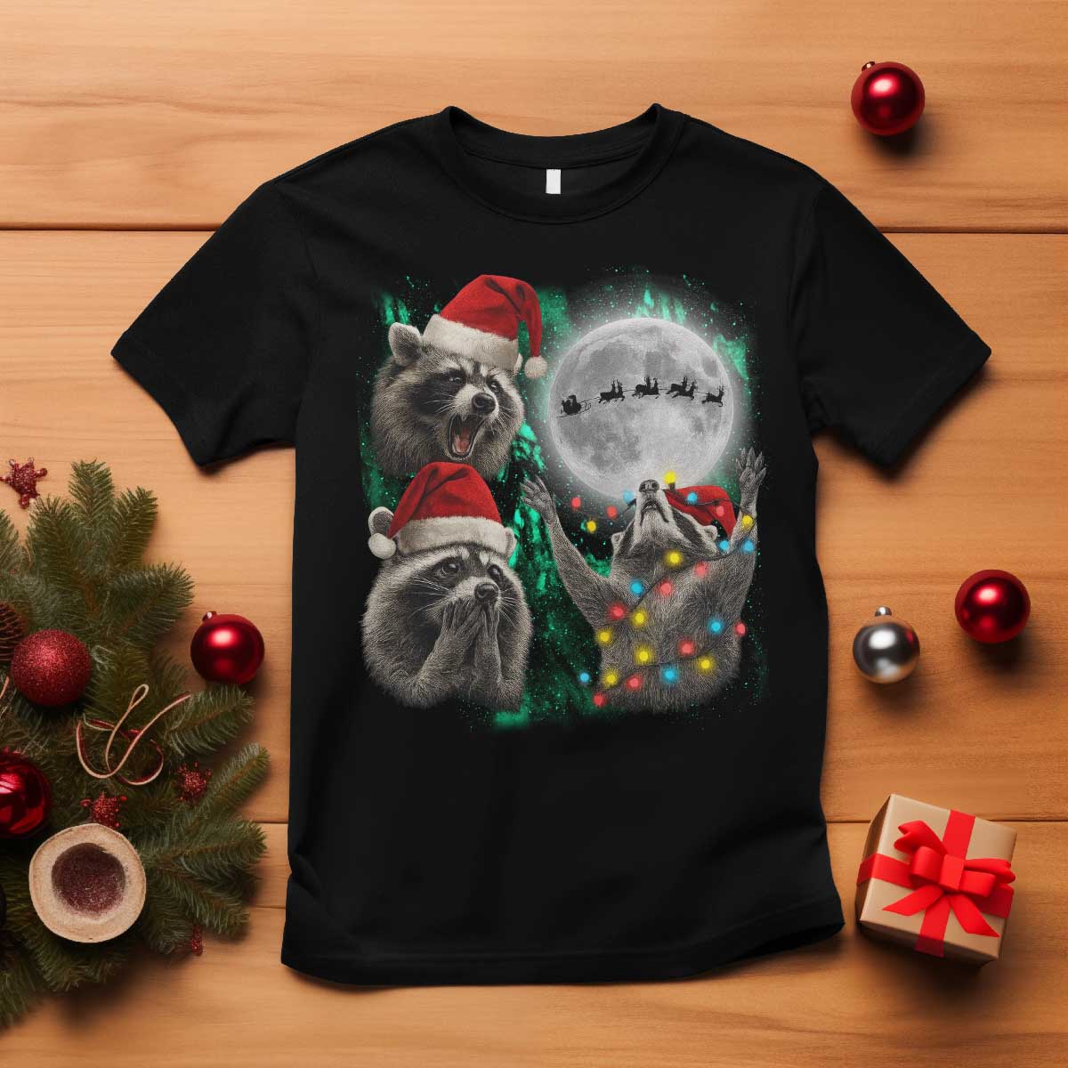 3 Raccoons Howling At Moon Christmas T Shirt Funny Weird Cursed Meme TS10 Black Print Your Wear