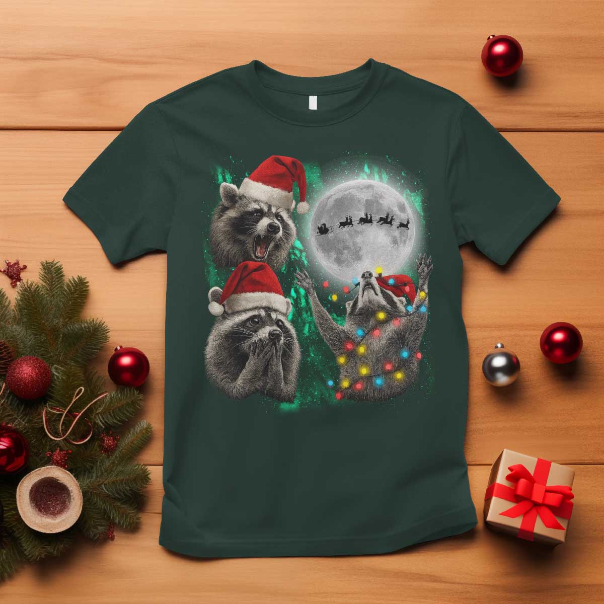 3 Raccoons Howling At Moon Christmas T Shirt Funny Weird Cursed Meme TS10 Dark Forest Green Print Your Wear