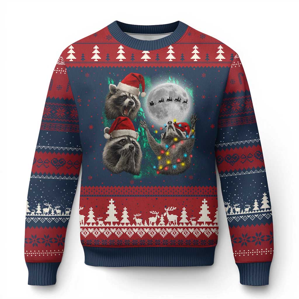 3 Raccoons Howling At Moon Xmas Ugly Christmas Sweater Funny Weird Cursed Meme TS10 Navy Red Print Your Wear