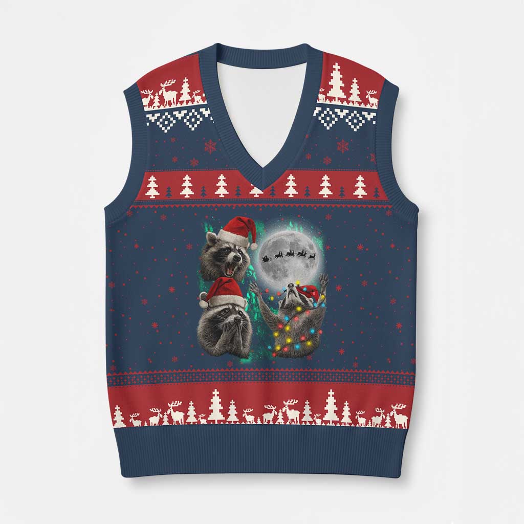 3 Raccoons Howling At Moon Xmas V-Neck Knit Sweater Vest Funny Weird Cursed Meme TS10 Navy Red Print Your Wear