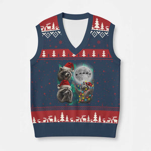 3 Raccoons Howling At Moon Xmas V-Neck Knit Sweater Vest Funny Weird Cursed Meme TS10 Navy Red Print Your Wear