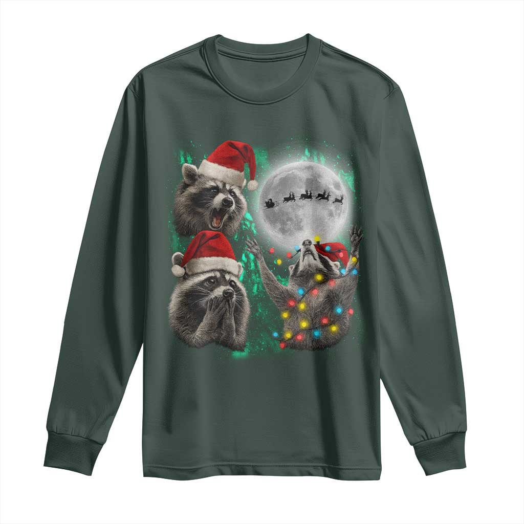 3 Raccoons Howling At Moon Christmas Long Sleeve Shirt Funny Weird Cursed Meme TS10 Dark Forest Green Print Your Wear