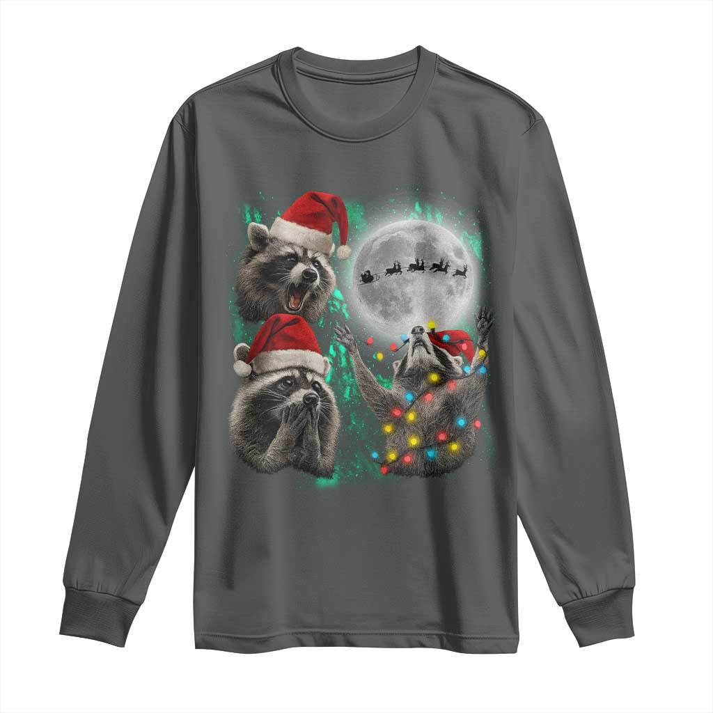 3 Raccoons Howling At Moon Christmas Long Sleeve Shirt Funny Weird Cursed Meme TS10 Dark Heather Print Your Wear