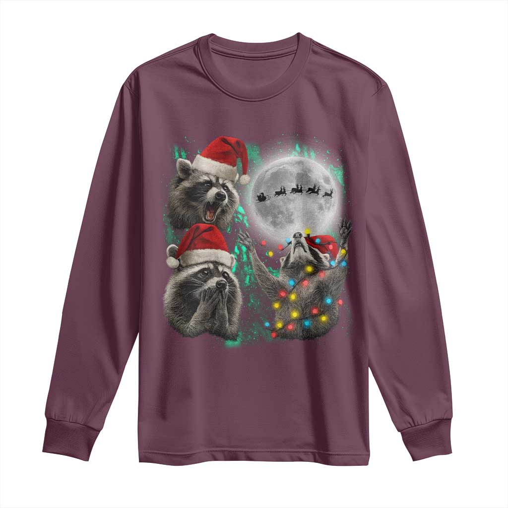 3 Raccoons Howling At Moon Christmas Long Sleeve Shirt Funny Weird Cursed Meme TS10 Maroon Print Your Wear