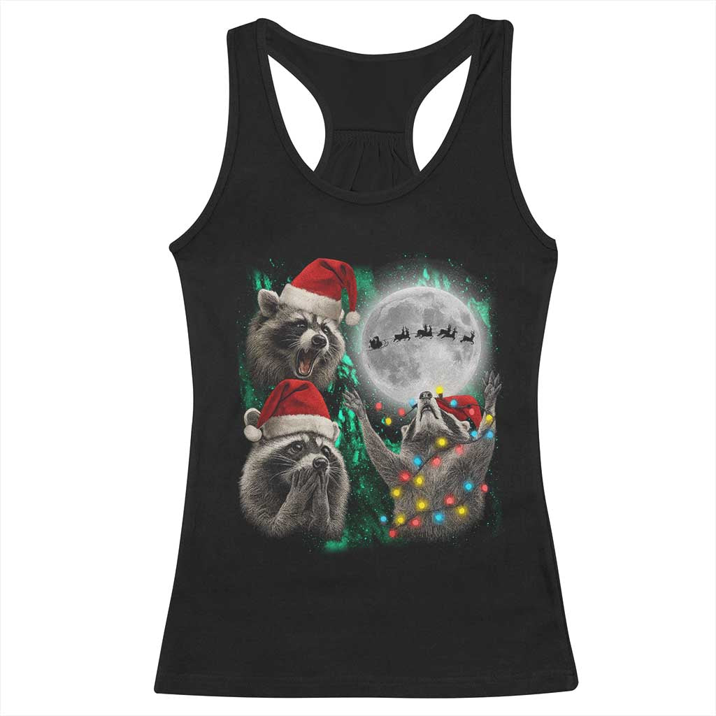 3 Raccoons Howling At Moon Christmas Racerback Tank Top Funny Weird Cursed Meme TS10 Black Print Your Wear