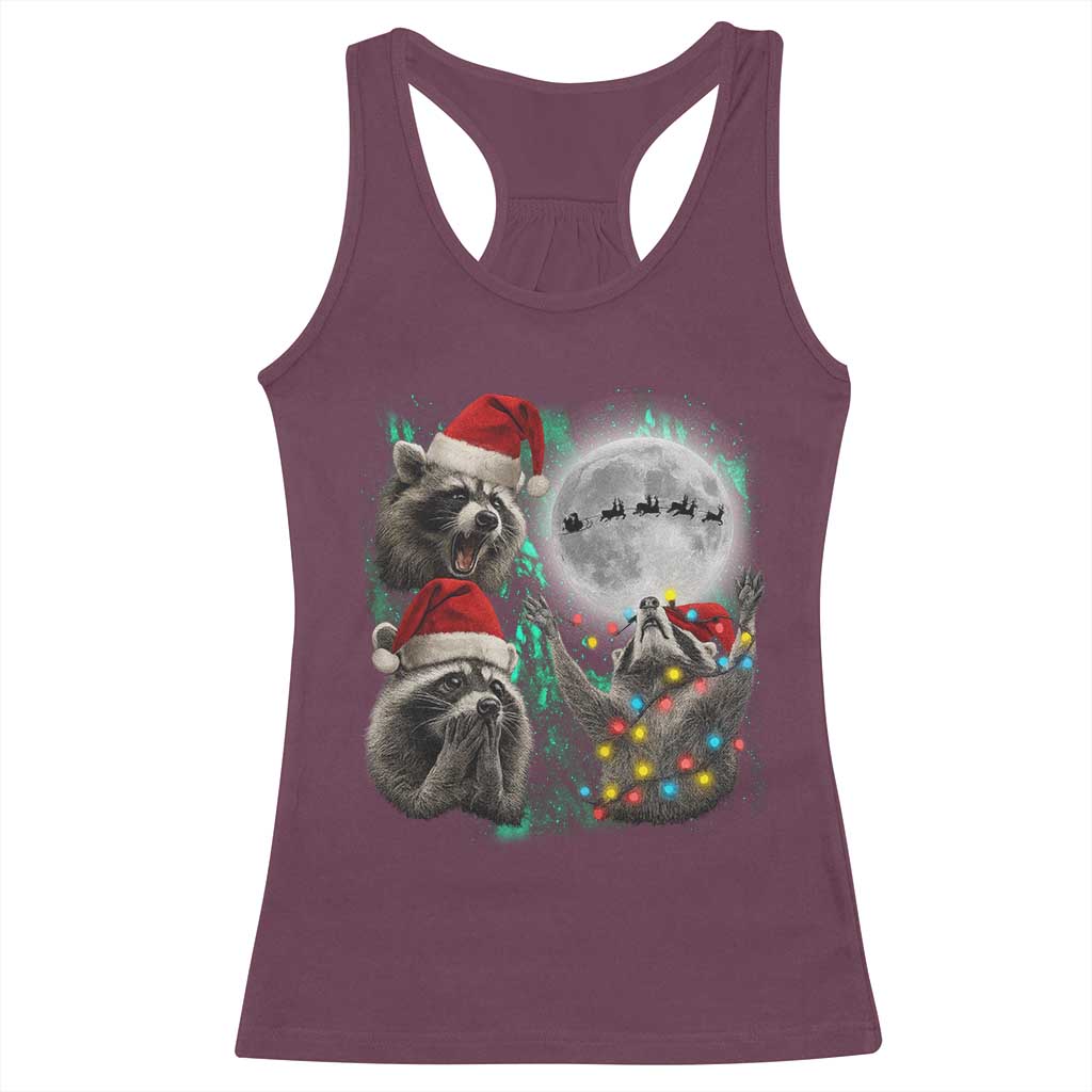 3 Raccoons Howling At Moon Christmas Racerback Tank Top Funny Weird Cursed Meme TS10 Maroon Print Your Wear