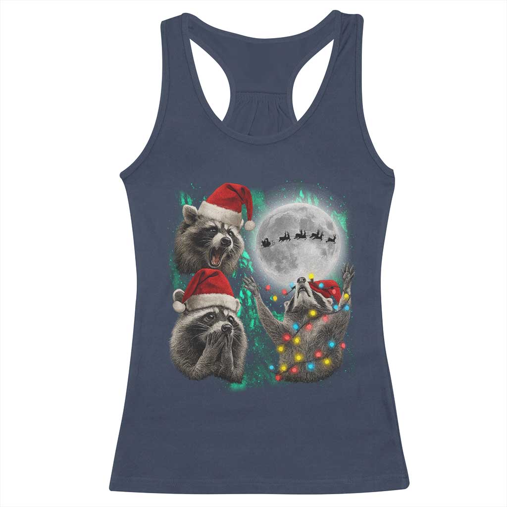 3 Raccoons Howling At Moon Christmas Racerback Tank Top Funny Weird Cursed Meme TS10 Navy Print Your Wear