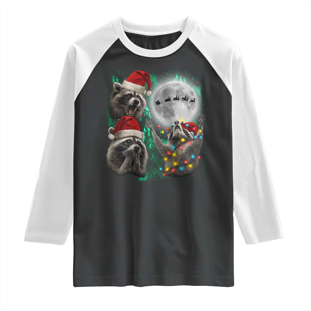 3 Raccoons Howling At Moon Christmas Raglan Shirt Funny Weird Cursed Meme TS10 Black White Print Your Wear